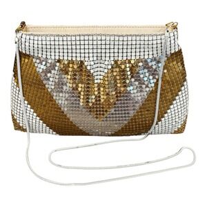 Elka Mesh Crossbody Purse Gold White Silver Chain Strap Zip Up Evening Bag‎